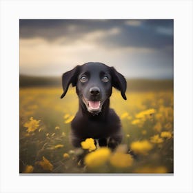 Black Dog In A Field Of Yellow Flowers Canvas Print