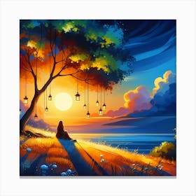 Sunset Tree With Lanterns Canvas Print