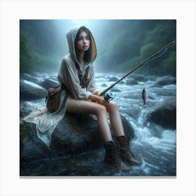 Girl Fishing In The Rain Canvas Print