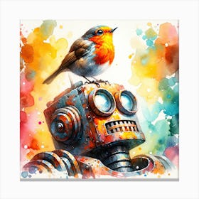 Robin Perching On A Rusty Robot Canvas Print
