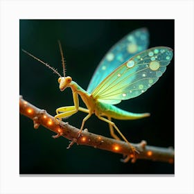 A Whimsical Mantis With Wings Of Shifting, Fractal Patterns Perched On A Glowing Branch 1 Canvas Print