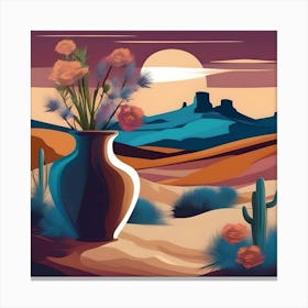 Flower vase decorated with desert landscape, blue, orange and light burgundy Canvas Print