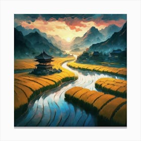 Beautiful views of rice fields, close to the river and surrounded by mountains, Canvas Print