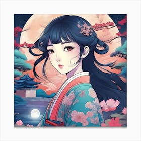 Asian Girl infront of Full Moon Canvas Print