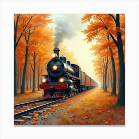 Elegant Train Moving Through A Serene Watercolor Autumn Forest 1 Canvas Print