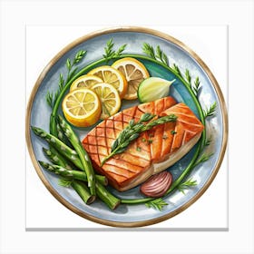 Grilled Salmon With Asparagus, Lemon, And Red Onion On A Plate Canvas Print