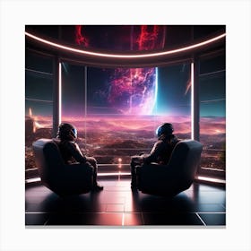 The Image Depicts A Futuristic Space Scene With A Man Sitting On A Couch In Front Of A Large Window That Offers A Breathtaking View Of The Galaxy 4 Canvas Print