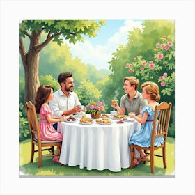 An English Garden Tea Party With Guests Enjoying Tea And Delicious Snacks, Watercolor 1 Canvas Print