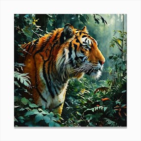 Eyes Of The Jungle Wall Art – A Tiger S Gaze Amidst Rainforest Mystiq Canvas Print