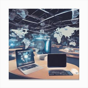 Computer Desk With World Map Canvas Print