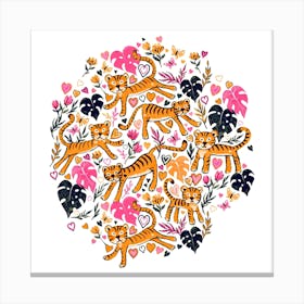 Happy Valentine Tigers In Pink Square Canvas Print