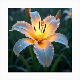 A Radiant Lily With Petals Of Flowing, Crystalline Light In A Celestial Meadow 1 Canvas Print