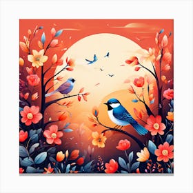 A Bright Toned Design With Flowers And Leaves Trees And Birds A Beautiful And Simple Picture Bird In The Flower 1 Canvas Print