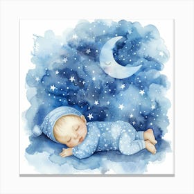 Watercolor Baby Sleeping On The Moon Canvas Print