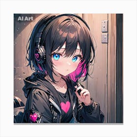 A girl having blue eyes and black-pink hair, wearing a black jacket, vibing with her headphone. Canvas Print