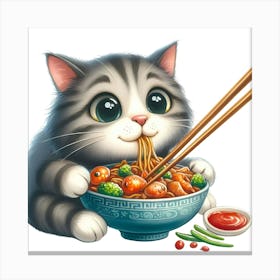 Cat Eating Noodles 1 Canvas Print