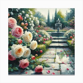 Roses In The Garden With The Fountain, Acrylic Style Painting 4 Canvas Print