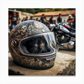Black Cat In Motorcycle Helmet Canvas Print
