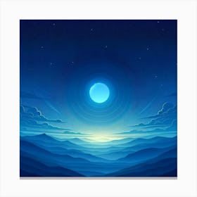 Title: "Celestial Serenade: Moonlit Symphony Over Ocean Waves"  Description: "Celestial Serenade" is a vivid portrayal of the mesmerizing interaction between the celestial and the terrestrial. A radiant full moon takes center stage, casting its luminous glow over the rhythmic waves of a deep blue sea. The artwork is layered with varying shades of blue, creating a sense of depth and movement that mimics the ocean's eternal dance. Above, the night sky, sprinkled with distant stars, transitions into dawn's first light, suggesting the seamless flow from the nocturnal realm to the promise of a new day. This piece beautifully captures the quiet drama of a moonlit night over the ocean, offering a visual ode to the tranquil power of nature's nightly performances. Canvas Print