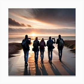 Group Of Friends Walking On The Beach At Sunset Canvas Print