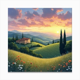 Scenic Watercolor Of A Tuscan Countryside At Twilight, With Rolling Hills And Vineyards 1 Canvas Print