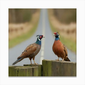 Pheasants On A Wooden Post Canvas Print