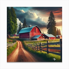 Red Barn On A Dirt Road In The Peaceful Countryside 2 Canvas Print