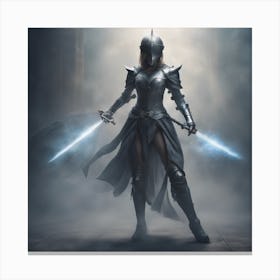 Woman Standing In Dynamic Pose Wearing Armor Holding Sword And Magic, Futuristic Medieval, Epic Comp Canvas Print