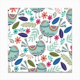 Floral Pattern With Birds Flowers Leaves Dark Background Canvas Print