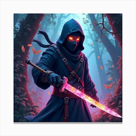 Ninja Fighter With A Watercolor Blade In A Neon Jungle 1 Canvas Print