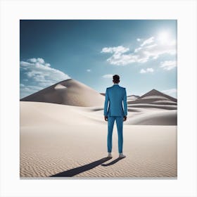 Man In Blue Suit Standing In Desert Canvas Print