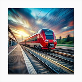 A high-speed train rushing through a railway station at sunset. Canvas Print