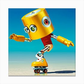 Frightened Robot Balancing On Roller Skates Head Shaped Like A Gold Aluminum Can Catching Reflectio Canvas Print