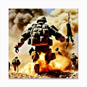 Soldier Runs Through A Desert Canvas Print