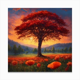 Poppy Field With A Pine Tree Growing In The Middle Canvas Print