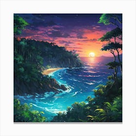Tropical Beach Sunset Viewed From a Lush Forest Cliff at Dusk Canvas Print