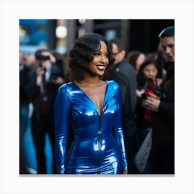 An Ethopian Black Woman Voluptuous Sexy Wearing An Elegant Blue Latex Dress VNeck Long on the Red Carpet - Created by Midjourney Canvas Print