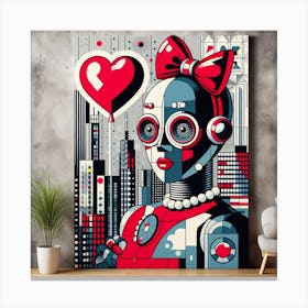 A Pop Art and Futuristic Painting of a Robot with Pearl Earrings and a Red Bow, with a Heart-Shaped Balloon and a Cityscape as Elements 1 Canvas Print
