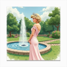 Princess Diana In A Watercolor Scene With A Tranquil Garden Fountain 1 Canvas Print