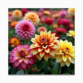 A Vibrant Garden Of Dahlias With Large, Colorful Blooms 1 Canvas Print