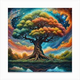 Cosmic Tree of Seasons - Multicolored Foliage Canvas Art | Mystical Sky Landscape Home Decor Print Canvas Print