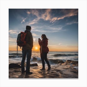 Couple At The Beach At Sunset Canvas Print