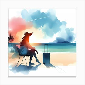 Watercolor Girl Sitting On The Beach Canvas Print