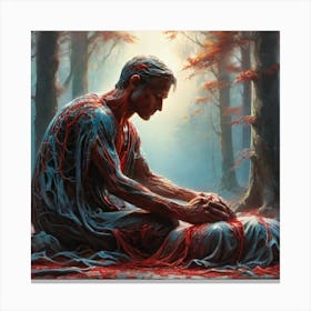 Man Kneeling In The Woods Canvas Print