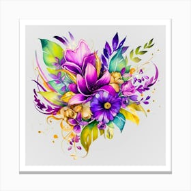 Watercolor Mardi Gras Flower Bouquets 1 Canvas Print