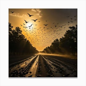 Silhouettes of Freedom: Birds Flying in Harmony Beneath the Brilliance of the Setting Sun Canvas Print