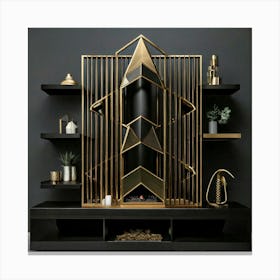 Firefly Bold, Geometric, Fireplace, Design, Polished, Black, Brass, Accents, Narrow, Shelves, Minima (9) Canvas Print