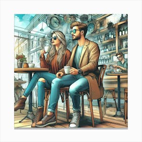 Couple In Cafe 1 Canvas Print