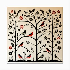 Indian Warli Painting, Bird On a Branch, folk art, 141 Canvas Print
