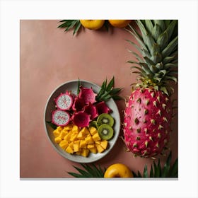 Tropical Fruit Plate On Pink Background Canvas Print